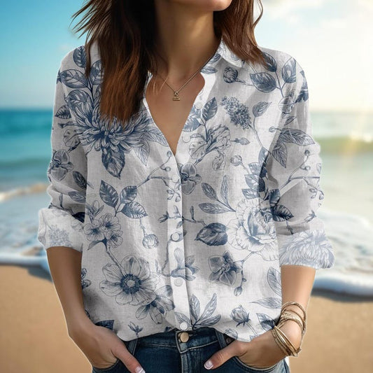 Blue Floral Linen Look Blouse Shirt, Women Button Down Long Sleeve Top