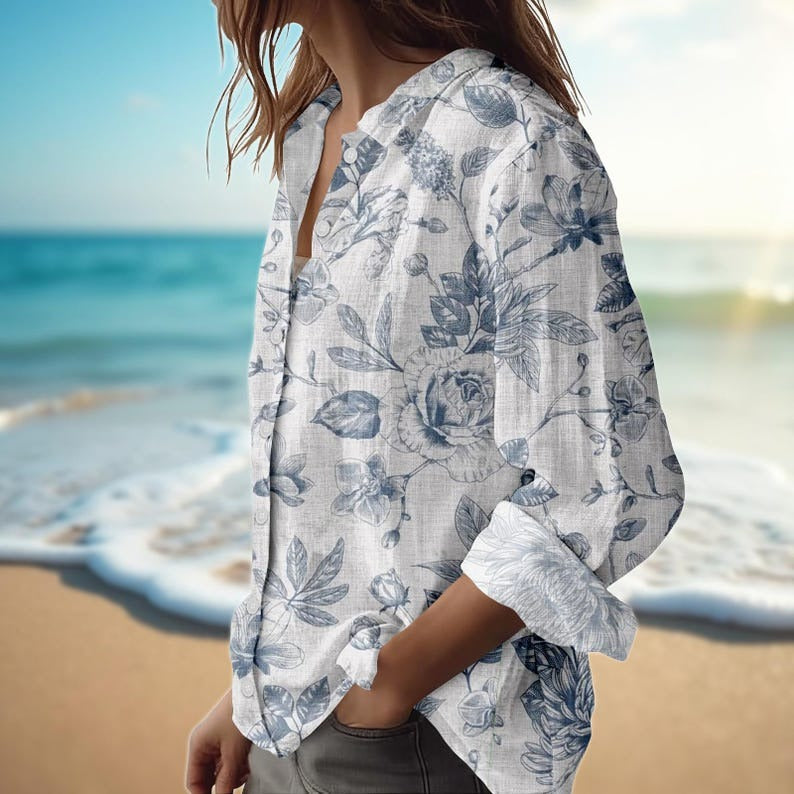 Blue Floral Linen Look Blouse Shirt, Women Button Down Long Sleeve Top