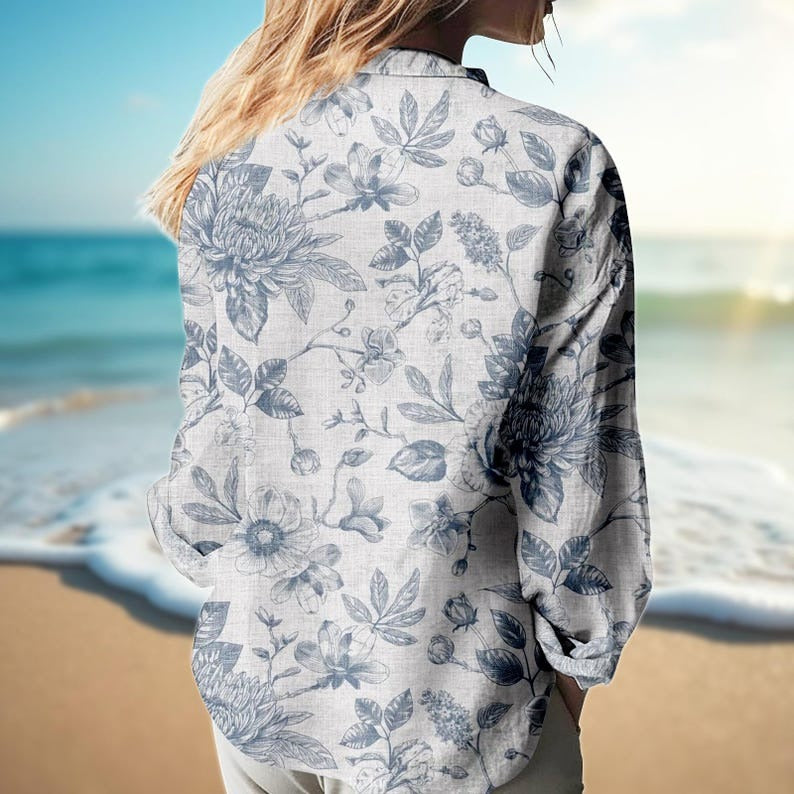 Blue Floral Linen Look Blouse Shirt, Women Button Down Long Sleeve Top