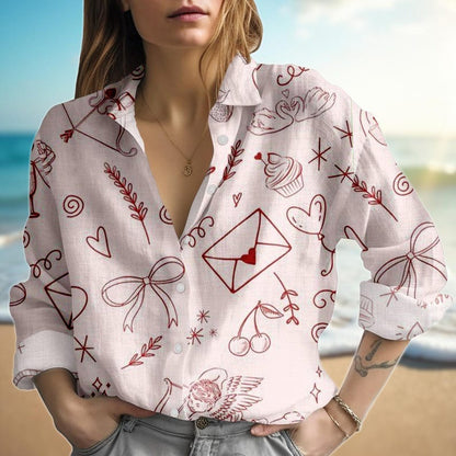 Valentine Love Letter Blouse Shirt, Women Pink Linen Look Button Down, Cute Heart Cupid Print Top