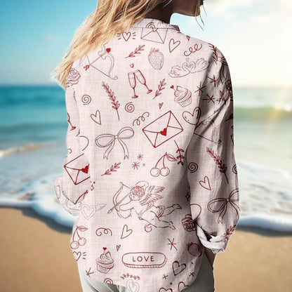 Valentine Love Letter Blouse Shirt, Women Pink Linen Look Button Down, Cute Heart Cupid Print Top