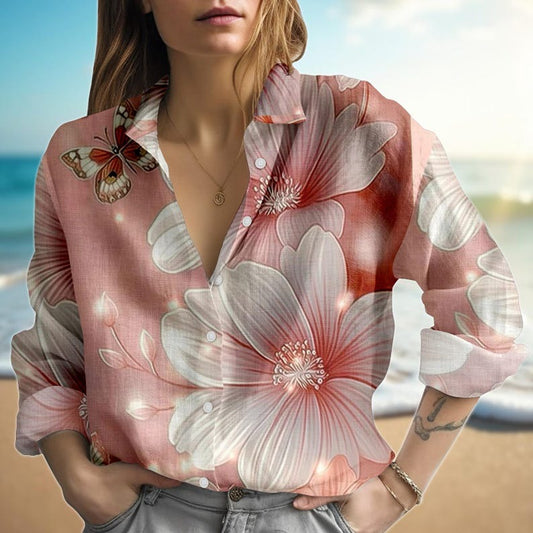 Pink Floral Butterfly Blouse Shirt, Women Linen Look Button Down Top