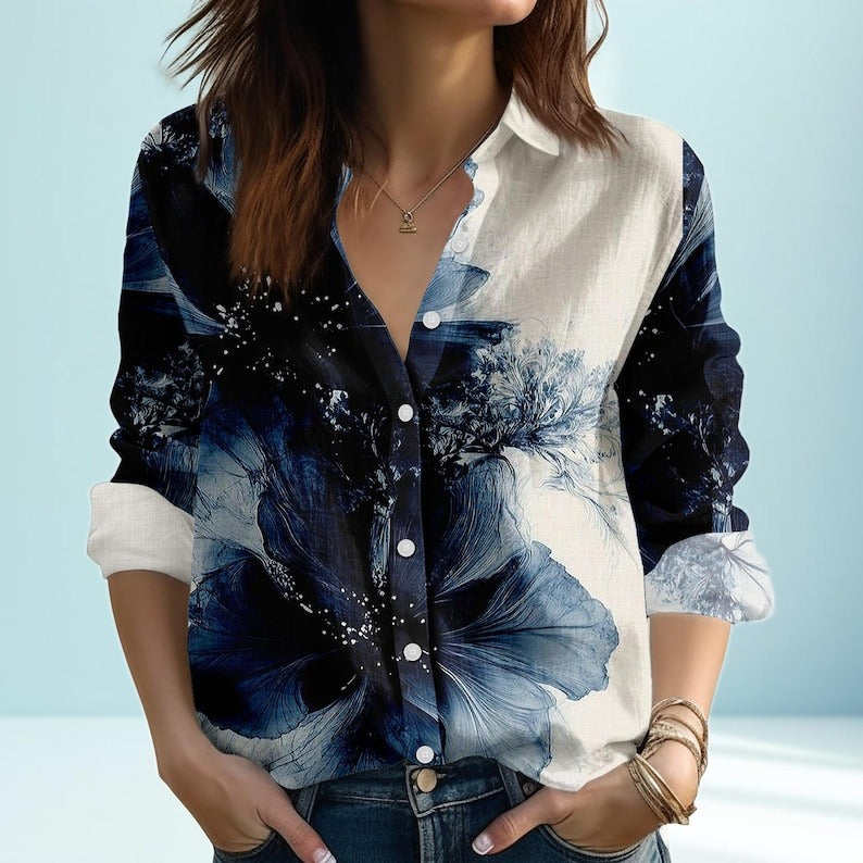 Blue Abstract Floral Print Blouse Shirt, Artistic Linen Look Button Up Top