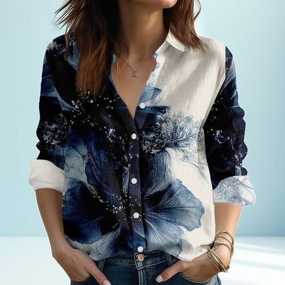 Blue Abstract Floral Print Blouse Shirt, Artistic Linen Look Button Up Top