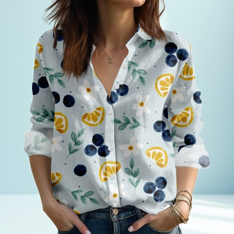 Blueberry Lemon Print Blouse Shirt, Fruit Pattern Linen Look Button Up Top