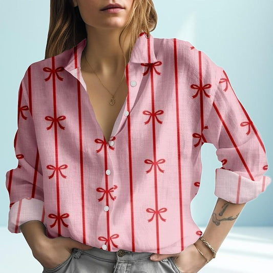 Pink Button Down Shirt With Red Bow Stripe Print | Long Sleeve Casual Blouse