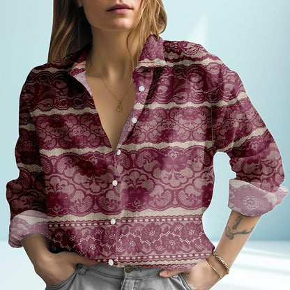 Maroon Lace Print Blouse Shirt, Women's Button Up Linen Look Top