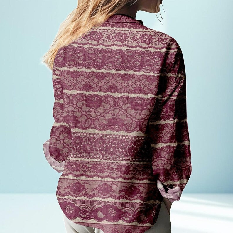Maroon Lace Print Blouse Shirt, Women's Button Up Linen Look Top