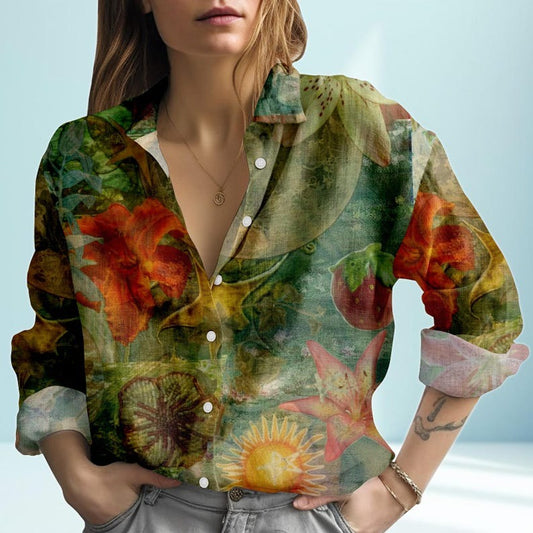 Floral Print Linen Shirt for Women, Button Up Long Sleeve Blouse