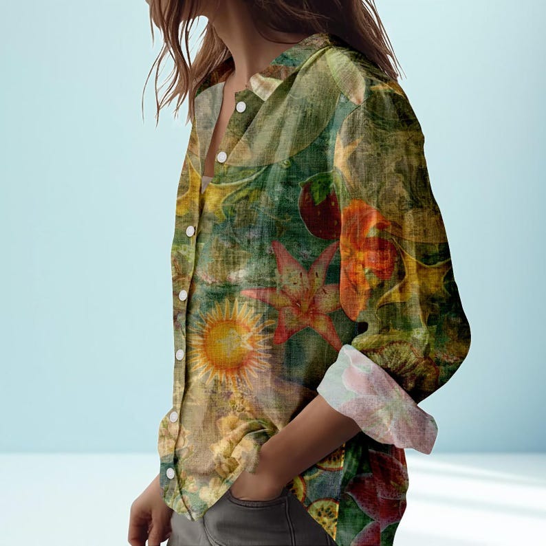 Floral Print Linen Shirt for Women, Button Up Long Sleeve Blouse