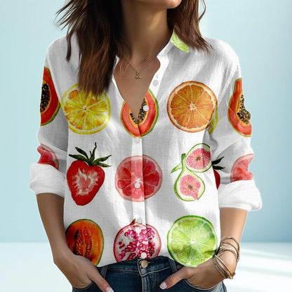 Linen Look Fruit Print Blouse Shirt, Colorful Citrus Strawberry Papaya Fig Grapefruit Design