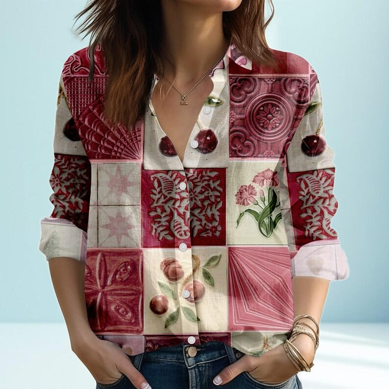 Pink Ceramic Tile Print Blouse Shirt, Button Down Long Sleeve Linen Top for Women