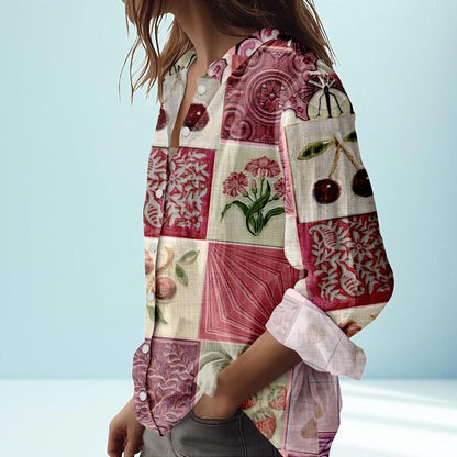 Pink Ceramic Tile Print Blouse Shirt, Button Down Long Sleeve Linen Top for Women