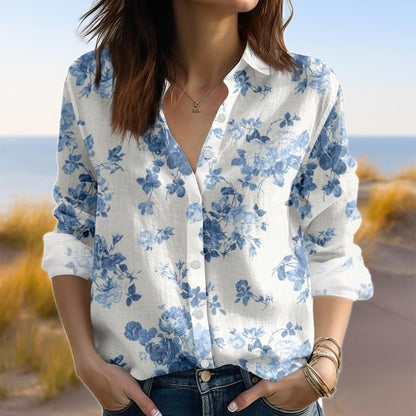 Blue Floral Button Down Shirt, Watercolor Flower Linen Shirt