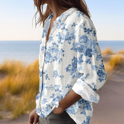 Blue Floral Button Down Shirt, Watercolor Flower Linen Shirt