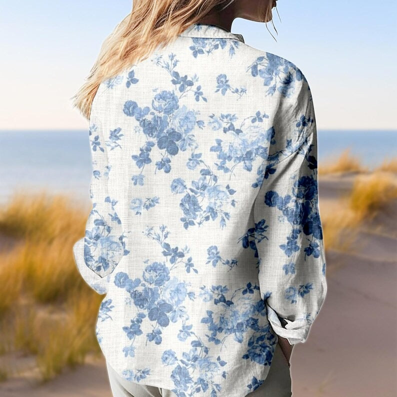 Blue Floral Button Down Shirt, Watercolor Flower Linen Shirt