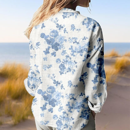 Blue Floral Button Down Shirt, Watercolor Flower Linen Shirt