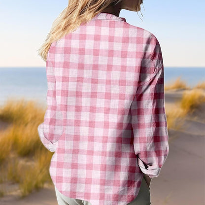 Pink Gingham Check Linen Blouse Shirt, Cute Pink Plaid Button Up