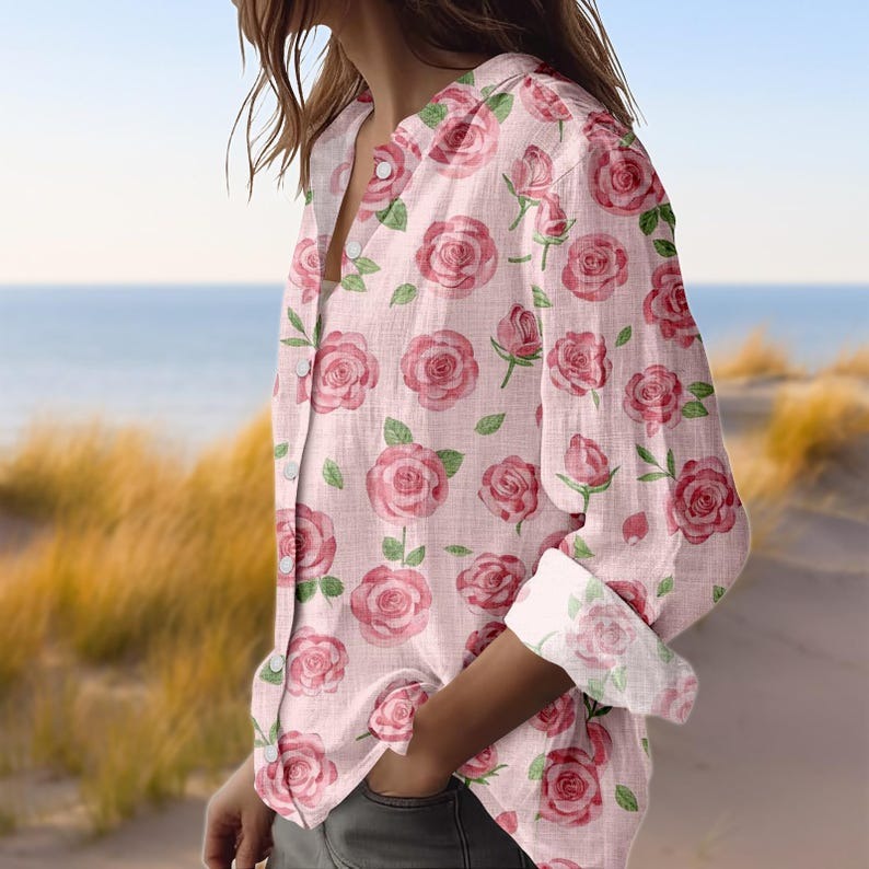 Pink Rose Floral Blouse Shirt, Watercolor Flower Print Linen Shirt