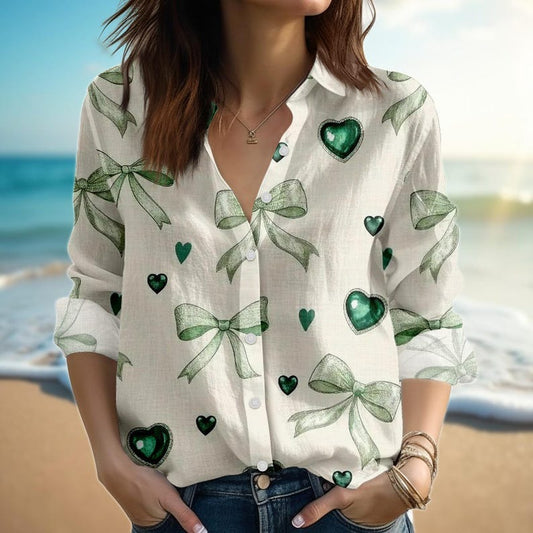 Green Bow Heart Blouse Shirt, Women Linen Look Button Down Shirt