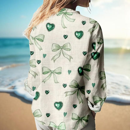 Green Bow Heart Blouse Shirt, Women Linen Look Button Down Shirt