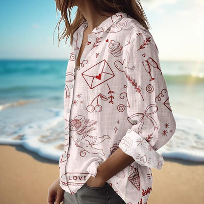 Valentine Love Letter Blouse Shirt, Women Pink Linen Look Button Down, Cute Heart Cupid Print Top