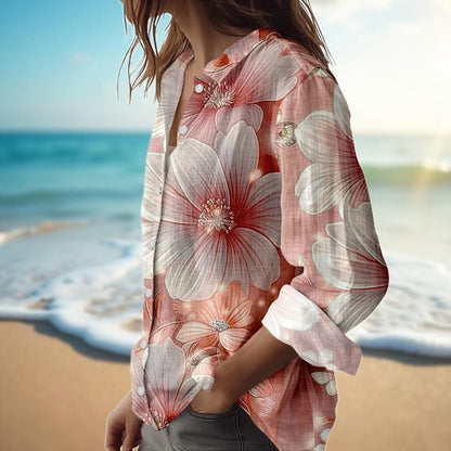 Pink Floral Butterfly Blouse Shirt, Women Linen Look Button Down Top